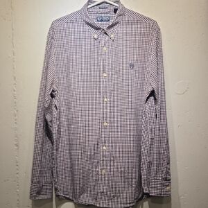 Chaps Ralph Lauren Men's Purple, Black & White Checkered Button Down Shirt (L)